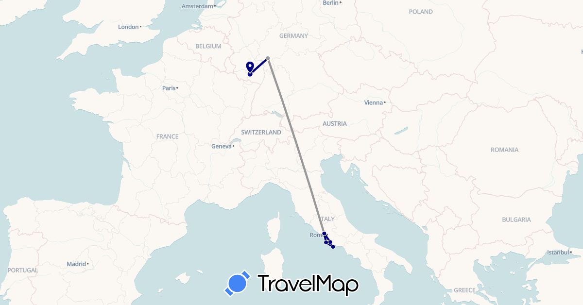 TravelMap itinerary: driving, plane in Germany, Italy (Europe)